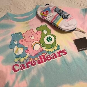 Care Bears Pastel Tie-Dye Tee & Socks 3 pack Bundle Pink, Blue, Yellow, Green